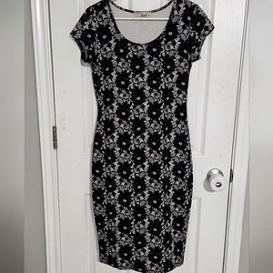 Derek Heart Bodycon Midi Dress Scoopneck Gothic Antique Flower Black White M